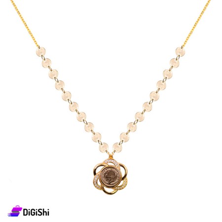 Collar With Circles and Zircon Gold Coin in the Shape of a Rose - Golden