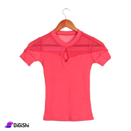 Women's Cotton Ribbed T-Shirt with Chiffon - Red
