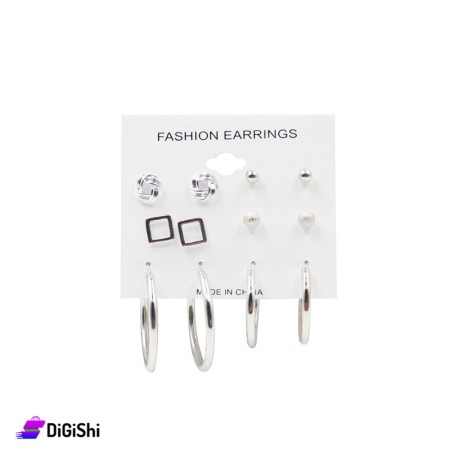 Silver Earrings Set with Different Shapes - 6 Pairs