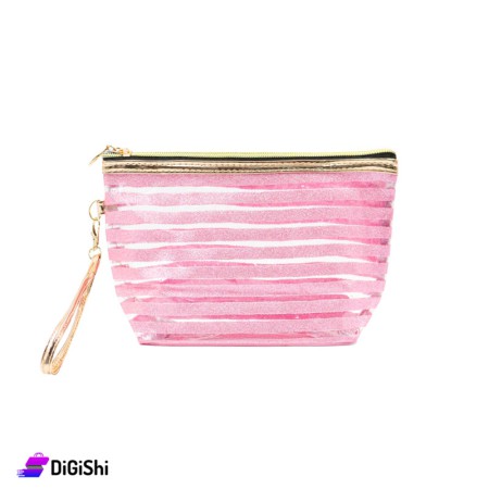 Striped Makeup Bag with a Spangle - Pink