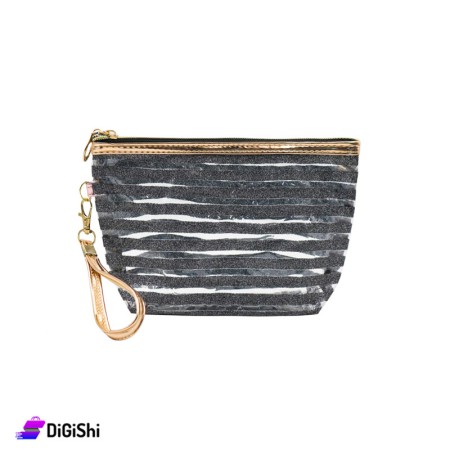 Striped Makeup Bag with a Spangle - Black