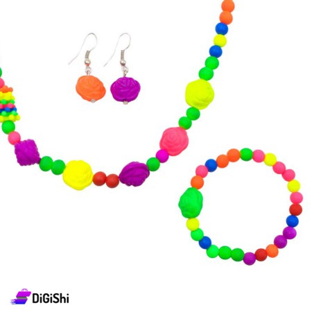 Children's Necklace and Bracelet and Roses Earrings Set with Colored Balls - Multi Colors
