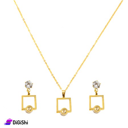 Square Necklace and Earrings Set with Zircon Stones - Golden
