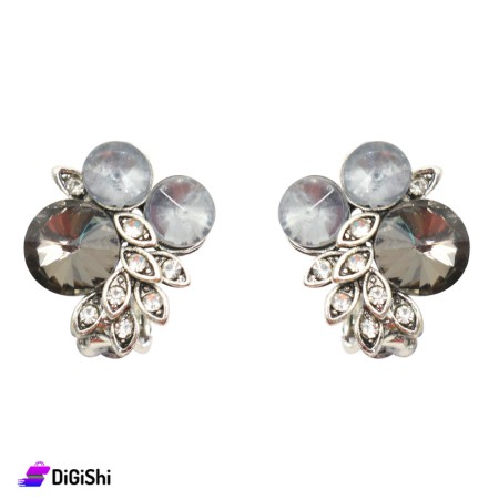Clip Silver Leafs Shaped Earring with Zircon Stone - Black