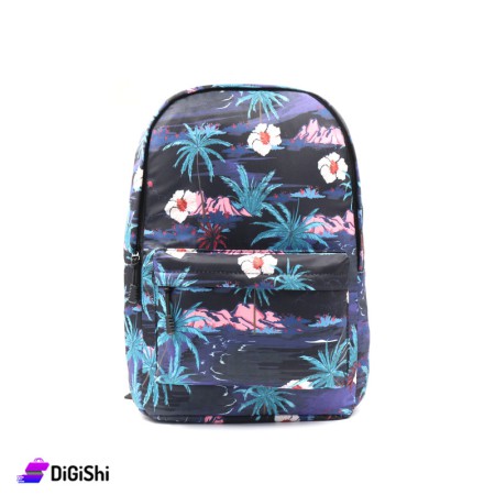 Cloth Backpack And a drawing of flowers - Black and Purple