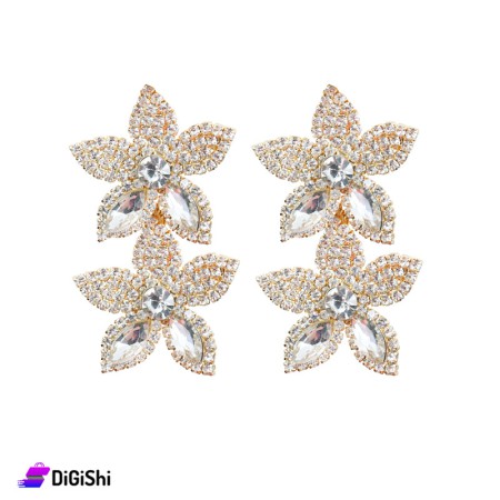 Flower Shape Evening Earrings with Zircon Stones - Golden