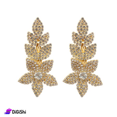 Flower Shape Long Evening Earrings with Zircon Stones - Golden