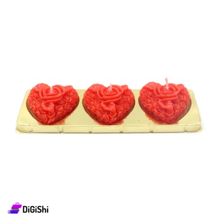 مجموعة شموع على شكل قلب 3 قطع - أحمر