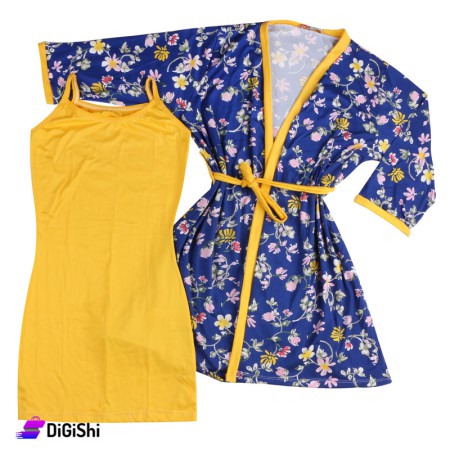 Cotton dress with floral cameo - blue and mustard