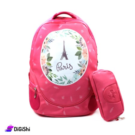 Royal Cloth Backpack with a Pencil Case - Pink with White Leaves
