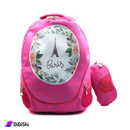 Royal Cloth Backpack with a Pencil Case - Pink with Blue Leaves