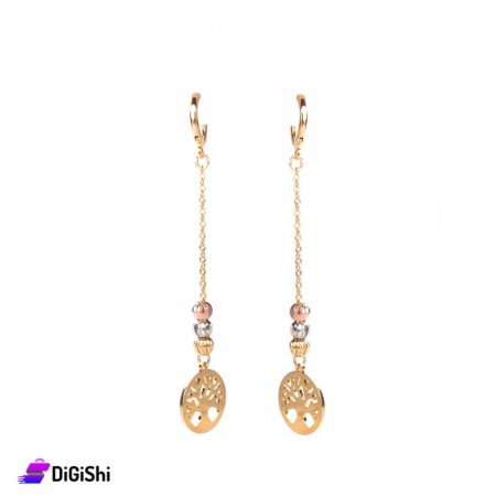 Long Earrings with Life Tree & Colorful Beads - Golden
