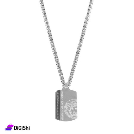 Men's silver necklace with a rectangular pendant with the VERSACE logo