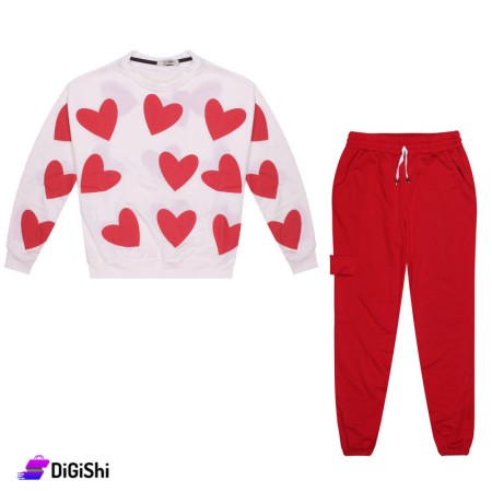 Women's Cotton Two Fleece Hearts Pajamas - White & Red