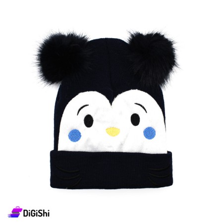Penguin shape Wool Knitted Baby Hat with Two Fur Balls - Dark Blue