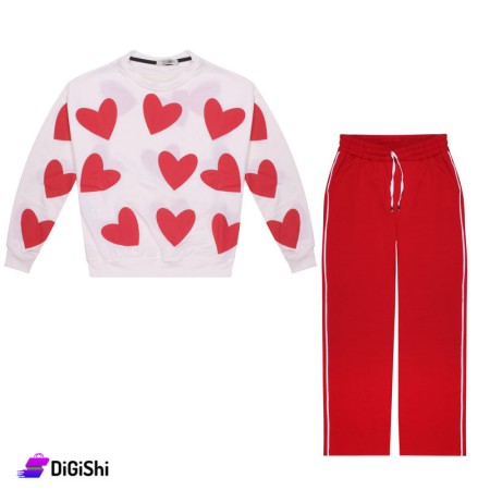 Women's Cotton Two Fleece Hearts Pajamas Wide Pants - White & Red