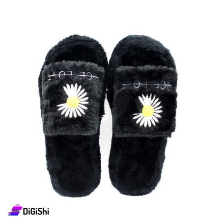 Nice Love Winter Fur Slippers with Chrysanthemum Design - Black
