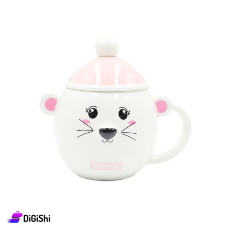 Ceramic Mug with Lid Lovley Mouse - White & Pink